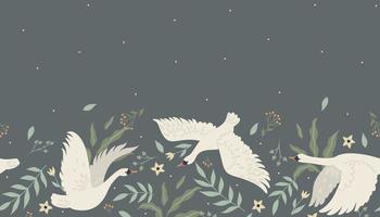 Seamless border with flying swans. Vector graphics.