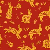 Seamless pattern with New Year's hares of the Eastern calendar on a red background. Vector graphics.