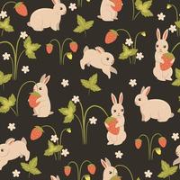 Seamless pattern with cute rabbits and strawberries. Vector graphics.