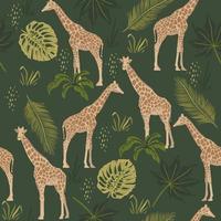 Seamless pattern with giraffes and tropical leaves. Vector graphics