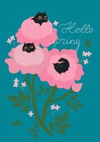 Spring card or poster with cats and roses. Vector graphics