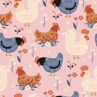 Seamless pattern with cute chickens and flowers. Vector graphics