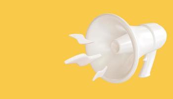 White megaphone loudspeaker on yellow background. 3D render  illustration. photo