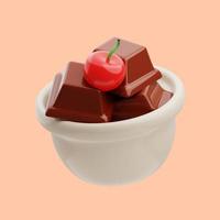 3d rendering of solid chocolate icon illustration in a small bowl with cherries on it photo
