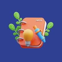 3d rendering of notebook icon illustration with pen and light bulb, back to school photo