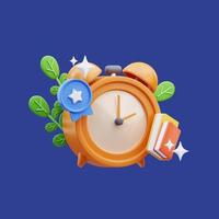 3d rendering of mini clock icon illustration with book, back to school photo