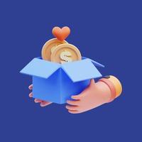 3d rendering of hand icon illustration giving money donation and empathy, charity day photo