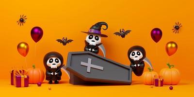 Banner de ilustración 3d de fantasma aterrador con ataúd y calabazas, feliz halloween