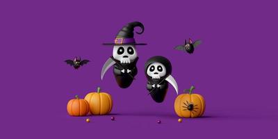Ilustración 3d de fantasma aterrador feliz halloween con calabazas