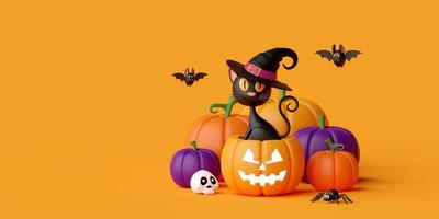 Black cat in Jack O Lantern pumpkin, Happy Halloween 3d illustration photo