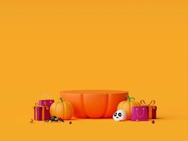 Ilustración 3d del podio de halloween con calabazas de halloween foto