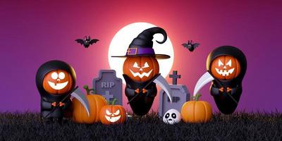 Ilustración 3d de calabazas fantasmas en el cementerio, feliz halloween foto