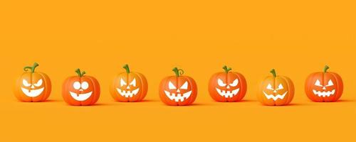 Happy Halloween Jack O Lantern pumpkins banner, 3d illustration photo