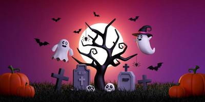 lindo fantasma en el cementerio en una noche de luna llena, feliz día de halloween ilustración 3d