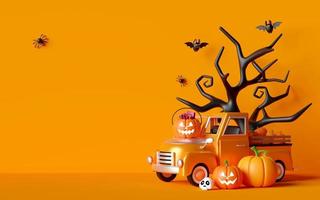 Ilustración 3d de banner de feliz halloween con calabazas jack o linterna y camión de halloween foto