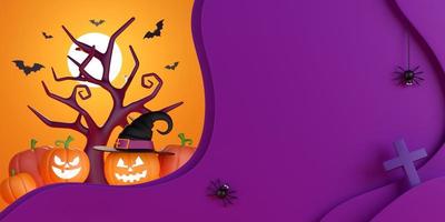 3d illustration of Happy Halloween banner with Jack O Lantern pumpkins photo