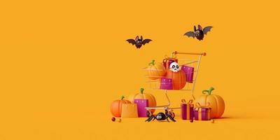 Ilustración 3d de banner de publicidad de venta de compras de feliz halloween foto