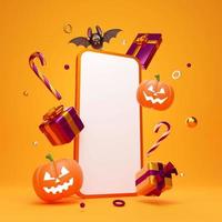 feliz tema de halloween de smartphone con adornos de halloween, ilustración 3d foto
