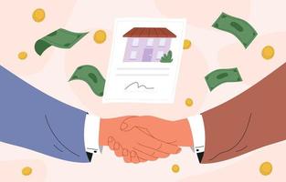 Agreement purchase of real estate. People shake hands after a property sale. Vector illustration in flat style