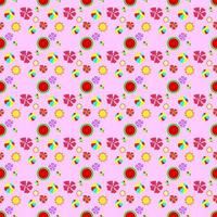 Colourful seamless summer pattern beach elements such as watermelon slice, flower, beach ball, sand. Fashion print design, vector illustration