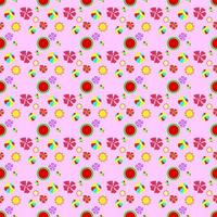 Colourful seamless summer pattern beach elements such as watermelon slice, flower, beach ball, sand. Fashion print design, vector illustration