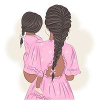 Mother and daughter in arms, in a beautiful dress with hair, vector illustration print