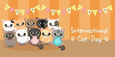 Poster for World Cat Day, lots of cats in a room, vector illustration