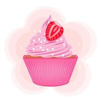 Cute cupcake isolated on white background, Delicious dessert decorated with strawberries, vector illustration.