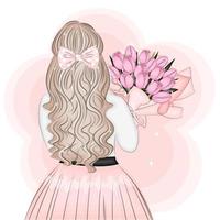 Stylish girl with a bouquet of tulips view from the back, trendy vector illustration, textile print, postcard