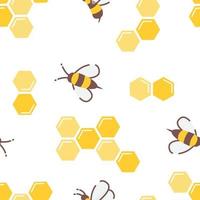 Seamless vector pattern with bees and honeycombs on a white background.