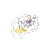 Butterfly on the hand line art drawing style, the butterfly sketch black linear isolated on white background, the best butterfly on the hand line art vector illustration.