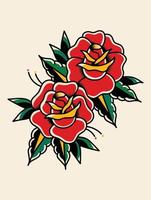 Old tattooing school colored icon with roses symbols isolated vector illustration.