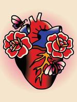 Tattoo anatomy vintage illustration. Floral romantic anatomical heart. Vector illustration