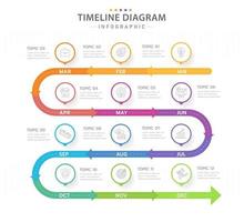 plantilla infográfica para negocios. Calendario de diagrama de línea de tiempo moderno de 12 meses con flechas, infografía vectorial de presentación. vector