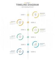 plantilla infográfica para negocios. Calendario de diagrama de línea de tiempo moderno de 6 pasos con temas y círculos verticales, infografía vectorial de presentación. vector