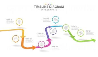 plantilla infográfica para negocios. Calendario de diagrama de línea de tiempo moderno de 7 pasos con flechas, infografía vectorial de presentación. vector