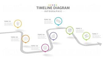 plantilla infográfica para negocios. Calendario de diagrama de línea de tiempo moderno de 7 pasos con flechas, infografía vectorial de presentación. vector