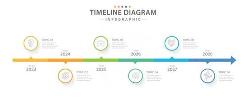 plantilla infográfica para negocios. Calendario de diagrama de línea de tiempo moderno de 6 pasos con temas anuales, infografía vectorial de presentación. vector