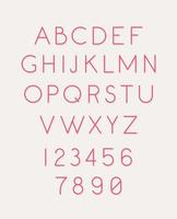 Font set of letters and numbers. Vector. Linear, thin, contour letters. Latin font. Pink glamorous letters. Women's style. All letters are separate. Complete alphabet. Modern style. vector