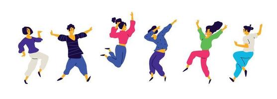 Dancing and fun people, positive emotions. Vector. Illustrations of males and females. Flat style. A group of happy and joyful teenagers. Shapes are isolated on a white background. Funny poses.