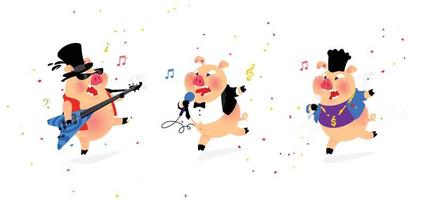 Illustration of three cheerful pigs musicians. Vector. Flat style. Pig rock musician, pig pop singer. Candy and holiday. Characters for karaoke and shop. Leading corparatives. vector