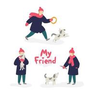 ilustración de una niña jugando con un perro. vector. niña adolescente con abrigo y sombrero, con un perro gris sin hogar. estilo de dibujos animados plana. el logo de mi amigo ilustraciones para el refugio de animales sin hogar. vector