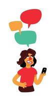 A guy with comic bubbles and a phone. Vector. A man communicates in the chat. Illustration in the cartoon style. The illustration is isolated on a white background. Mascot. vector