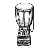 Hand drawn sketch style drum. African music instrument. Black and white illustration vector