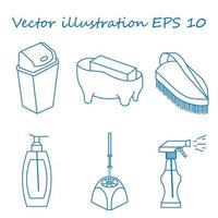 Set of cleaning icons. Spray, bottle, brush, sponge, trash can. Vector illustration.