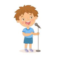 Little boy singing with microphone in his hand. vector