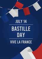 cartel del día de la bastilla con bandera francesa con decoración colgante roja, blanca y azul vector