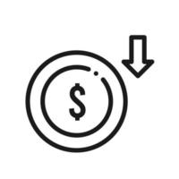 dollar bill icon with an arrow pointing down which means a decrease in the value of the dollar bill vector