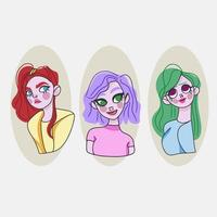 Set of cute cartoon avatars, girls, smile on face, fashion, doodle vector