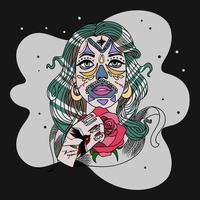 una hermosa chica al estilo chicano, con un tatuaje, sostiene una rosa, una inscripción en la mano, joyas en la cara, un fondo oscuro vector